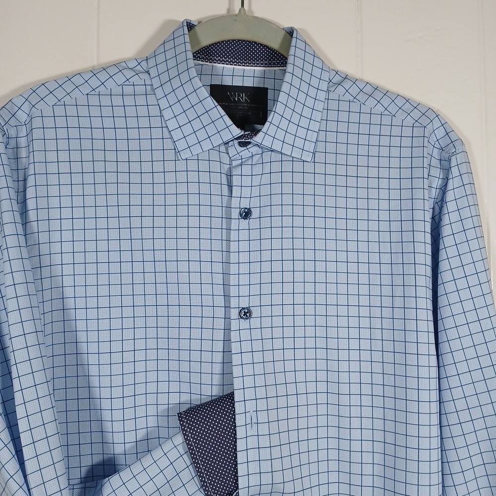 WRK Shirt Mens 15.5 Blue Check 4-Way Stretch Dress Button Front Long Sleeve